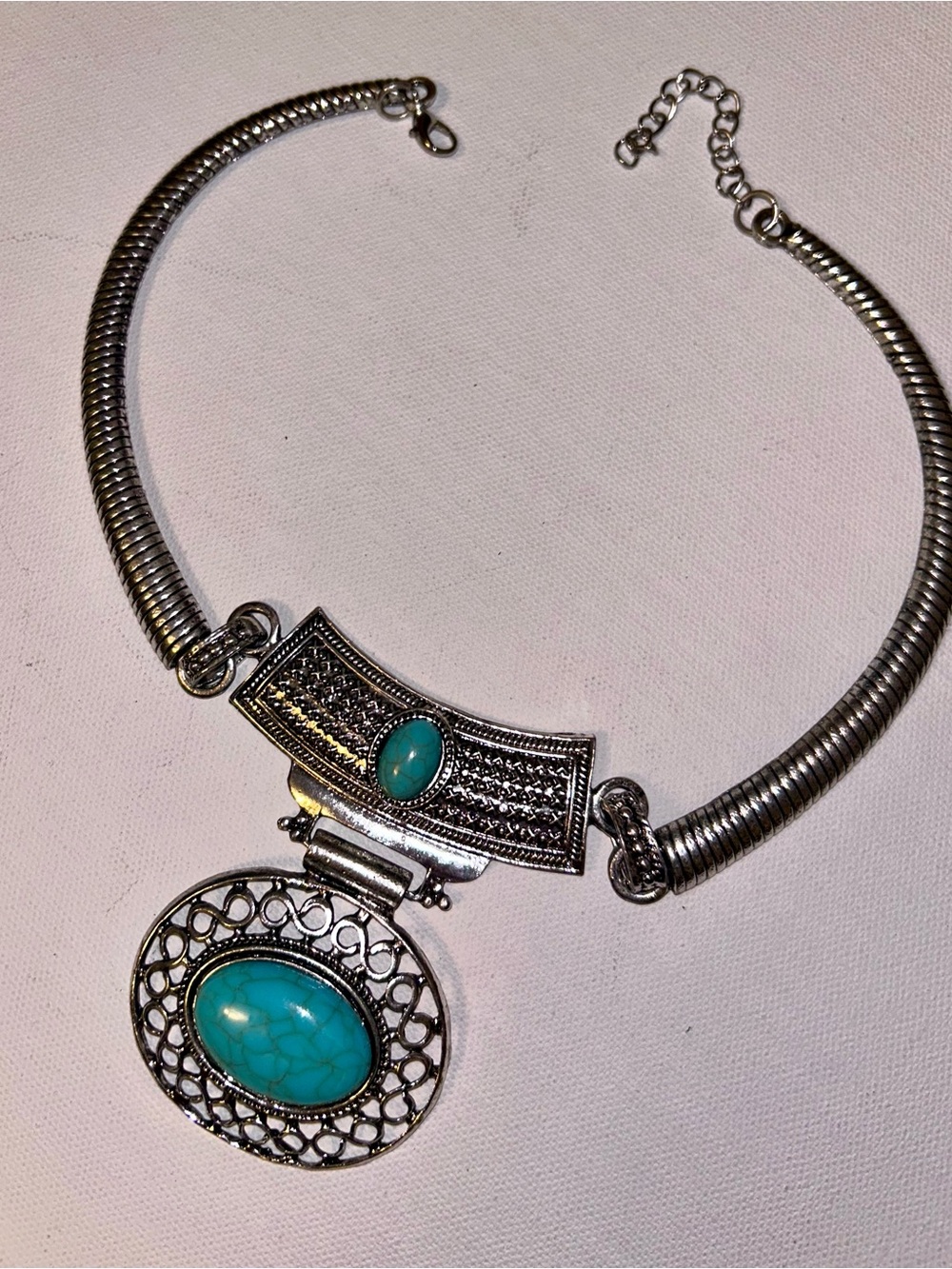 Silver-Tone Necklace with Turquoise Oval Pendant